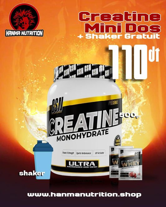 Creatine 500g + 2 Mini Doses + shaker GRATUIT