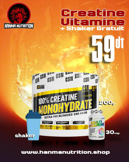 Creatine 200g + Multivitamins 30cap + shaker GRATUIT