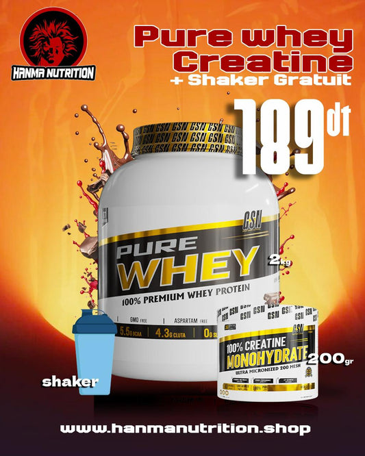 Pure Whey 2kg + Creatine 200g + shaker GRATUIT
