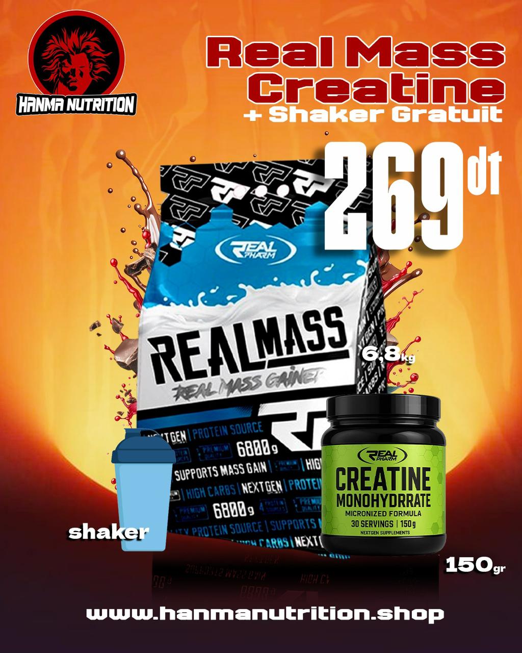 Real Mass 6.8kg + Creatine 150g + Shaker GRATUIT