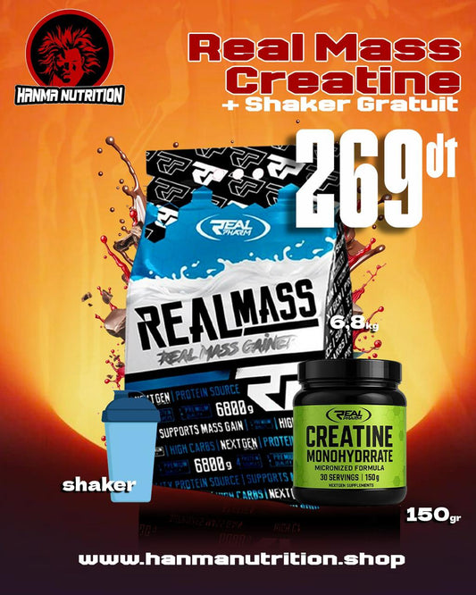 Real Mass 6.8kg + Creatine 150g + Shaker GRATUIT